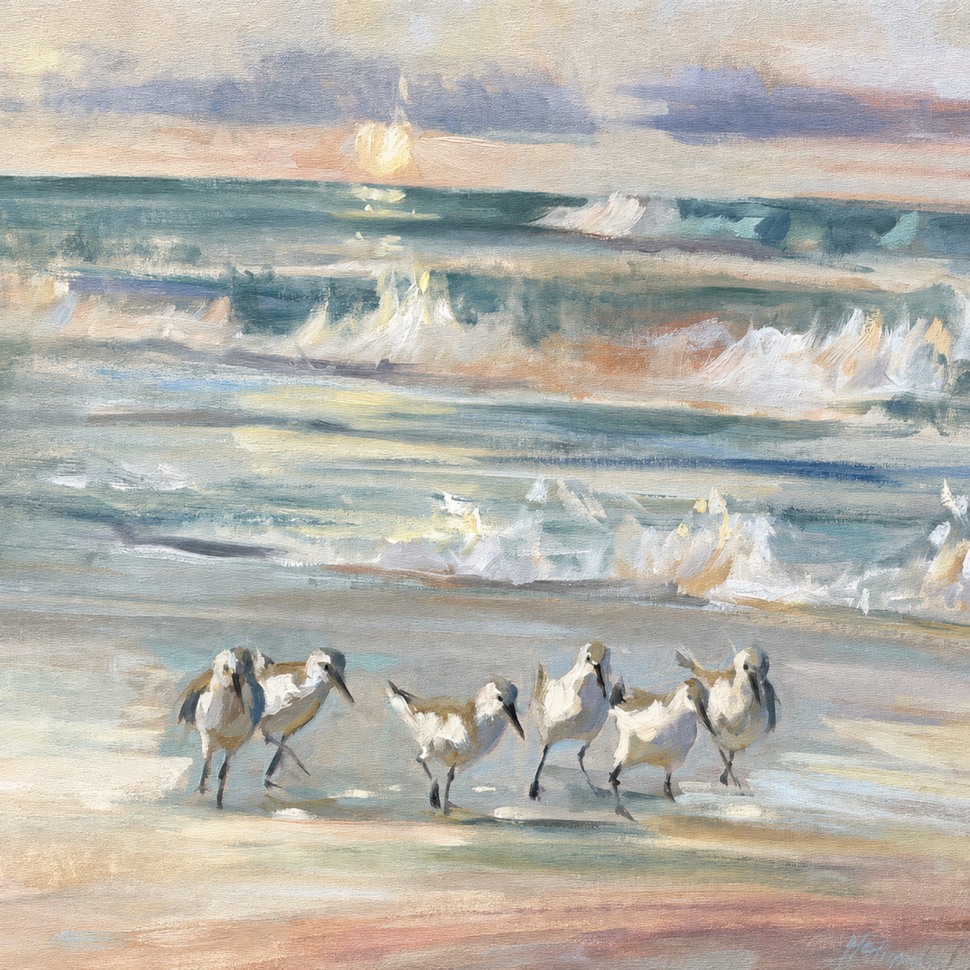 Watercolor painting of several sandpipers walking on a sandy beach with ocean waves and a soft sunset sky in the background.