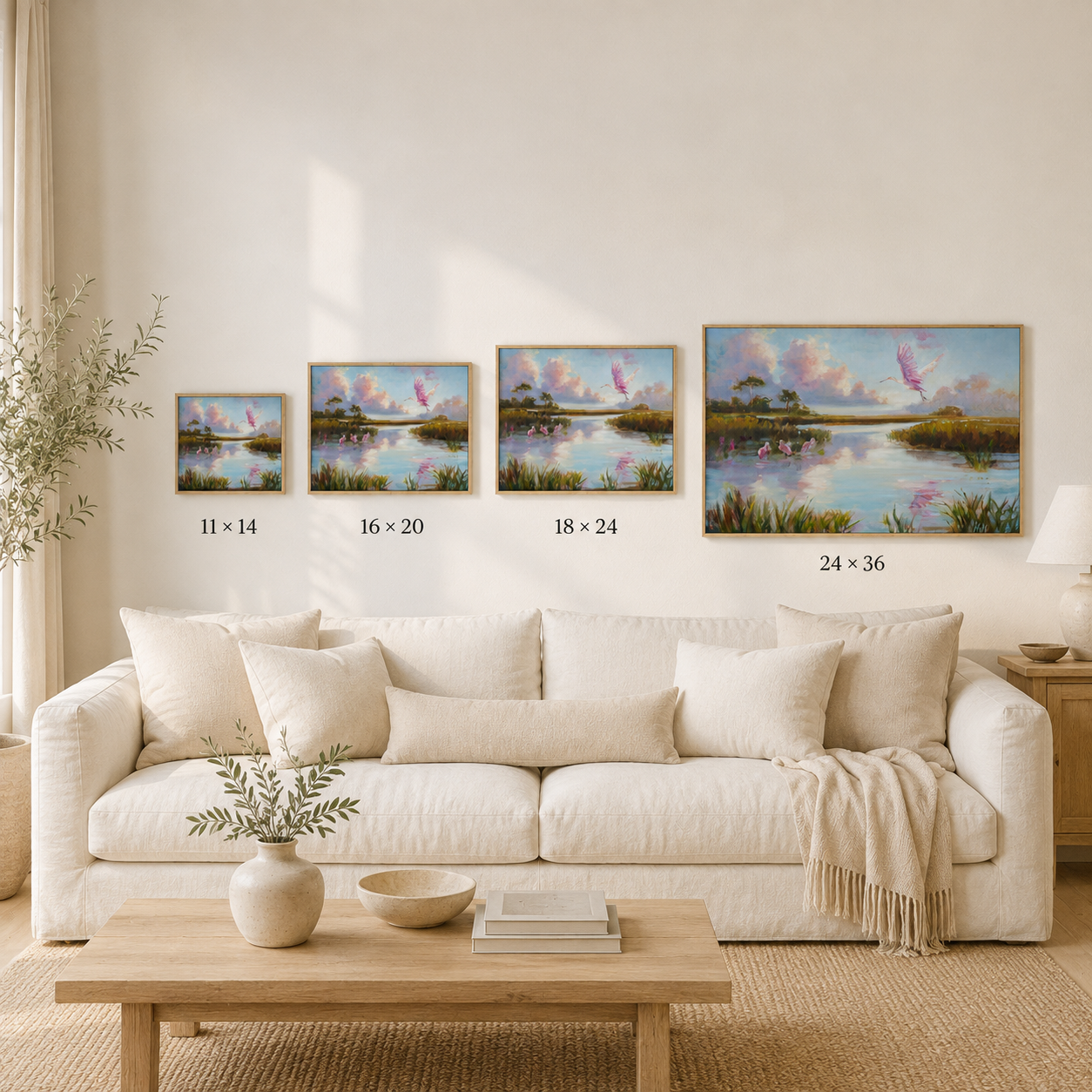 Join The Party horizontal art print size comparison above a neutral sofa
