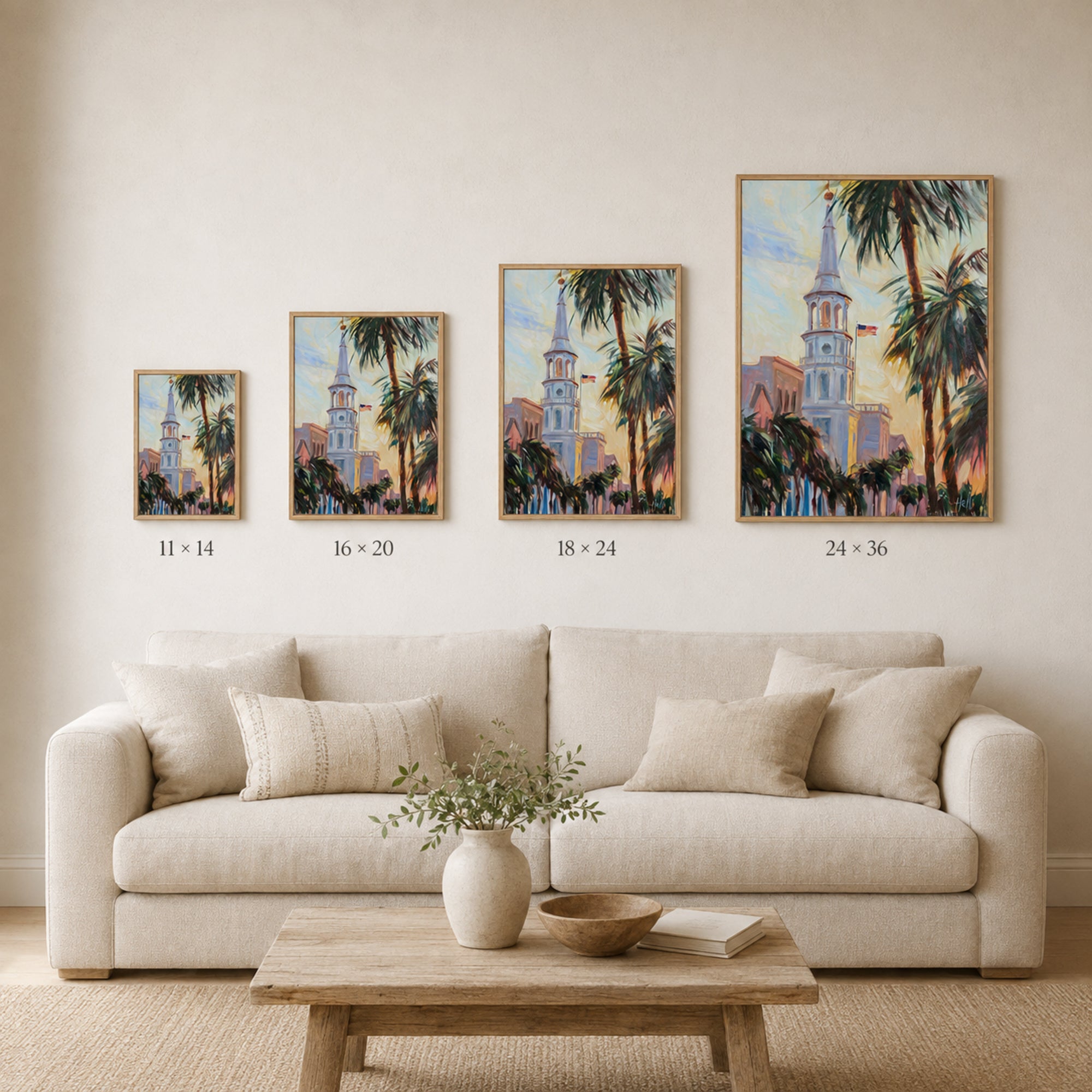 Four framed wall art prints depicting a palm tree-lined church at sunset, displayed in a living room above a beige sofa with size labels 11 x 14, 16 x 20, 18 x 24, and 24 x 36.