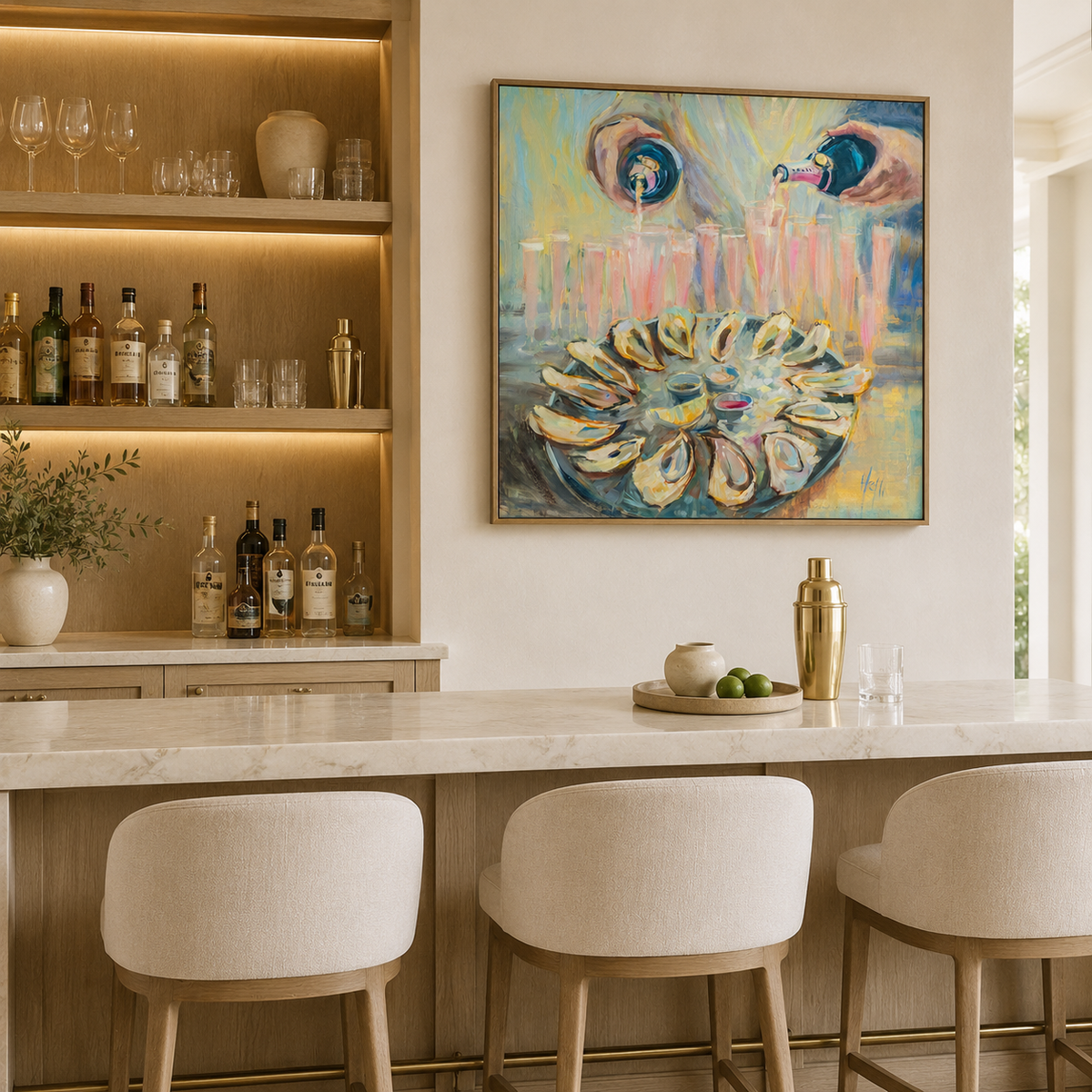 Pink & Briny — Champagne and Oyster Art Print